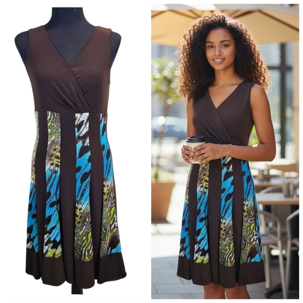 Frank Lyman Retro Y2K Chocolate Brown Abstract Pleated Sleeveless Dress Size 6